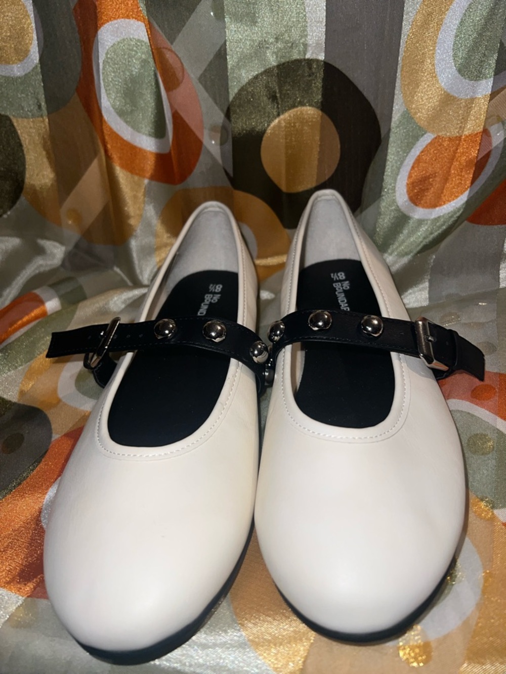 BuondariesWhite Ballet Flats with Black Studded Strap